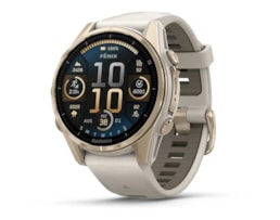 Garmin Fenix 8 43mm AMOLED Sapphire, Dourado macio com bracelete cinzento nevoeiro/castanho escuro em silicone